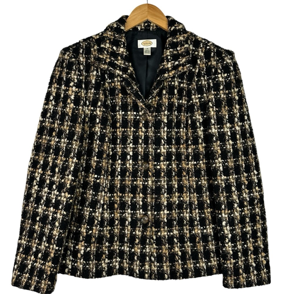 Vintage Talbots Tweed Jacket Womens Black‎ Tan Plaid Wool Blend Lined Classic